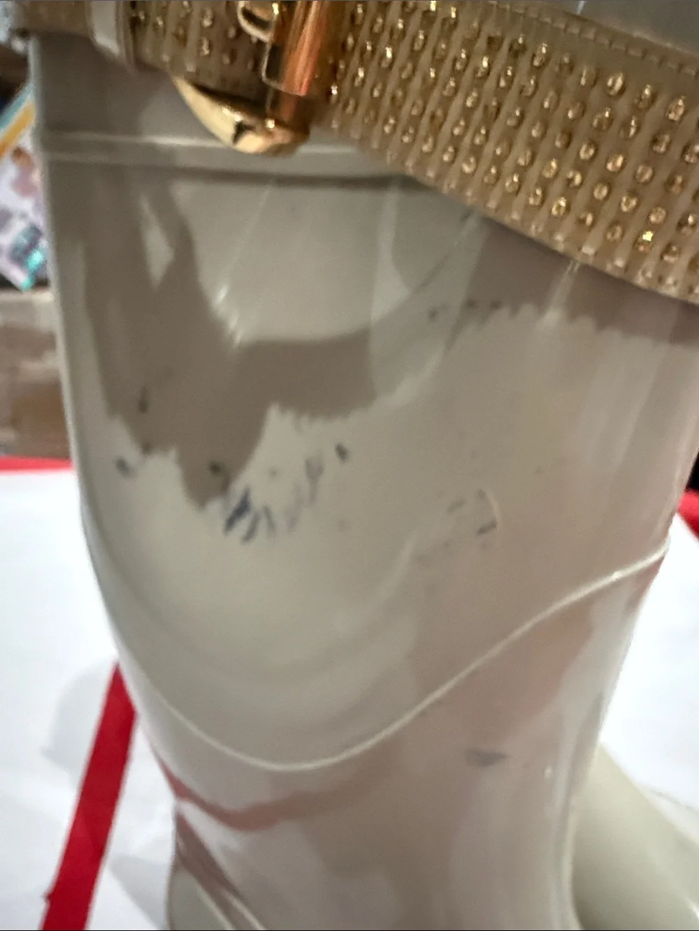 Burberry Cream Tall Rain Boots with Gold Buckle Strap